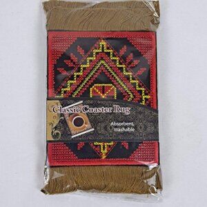 Arabic Rug Set of 4 Drink Coasters Red Black Yellow Gold Fringed Ends NWT